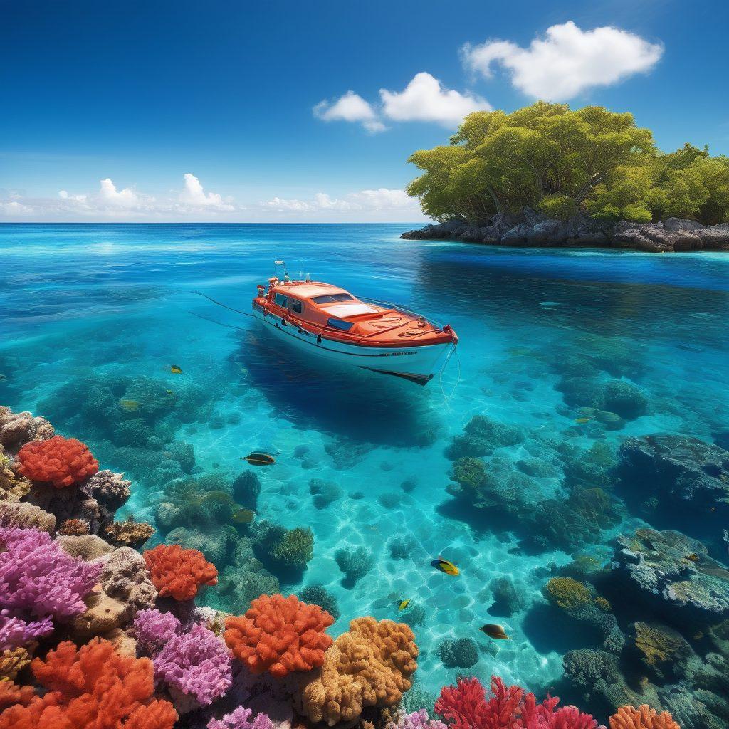 A serene seascape featuring a sturdy boat anchored near a vibrant coral reef, symbolizing marine insurance for passion-driven adventures. Show marine life like colorful fish swimming around the boat, while a clear blue sky and gentle waves create a peaceful atmosphere. Incorporate elements like a shield or lifebuoy gently floating in the water to represent protection. super-realistic. vibrant colors. ocean theme.