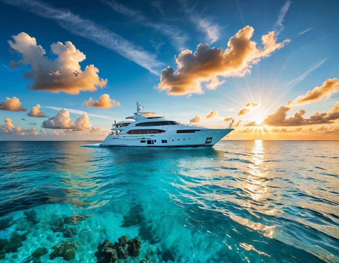 A panoramic view of a luxurious yacht sailing through crystal-clear turquoise waters, surrounded by a vibrant coral reef. Include a bright blue sky with fluffy white clouds and the sun setting on the horizon. Add a compass overlay and insurance documents subtly placed in the foreground to symbolize guidance. super-realistic. vibrant colors. white background.