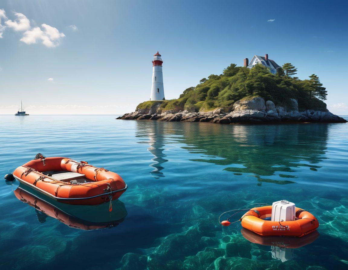 A serene seascape showcasing a sturdy boat anchored in calm blue waters, surrounded by protective lifebuoys and a nearby coastal lighthouse, evoking a sense of safety and security. The sky is bright and clear, suggesting a perfect day for boating adventures. An infographic overlay subtly displays key boat coverage elements like insurance documents and safety tips. super-realistic. vibrant colors. white background.